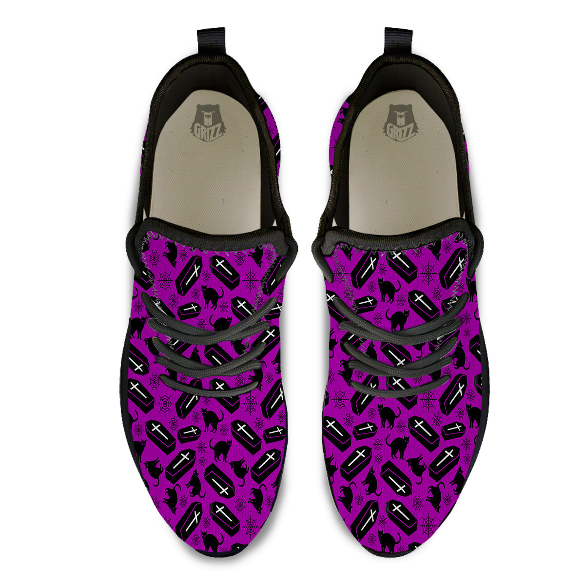 Coffin And Cat Purple Print Pattern Black Athletic Shoes-grizzshop