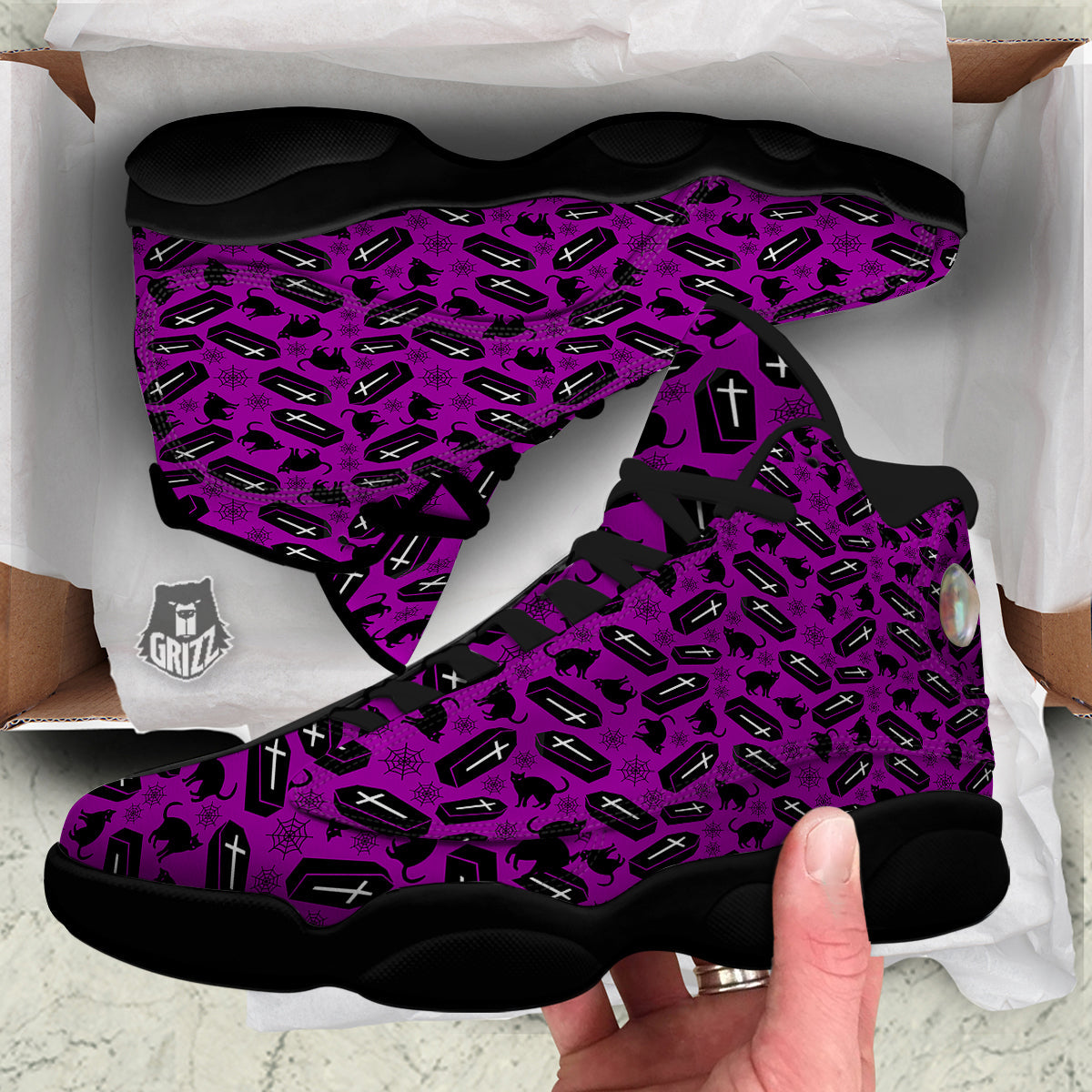 Coffin And Cat Purple Print Pattern Black Basketball Shoes-grizzshop