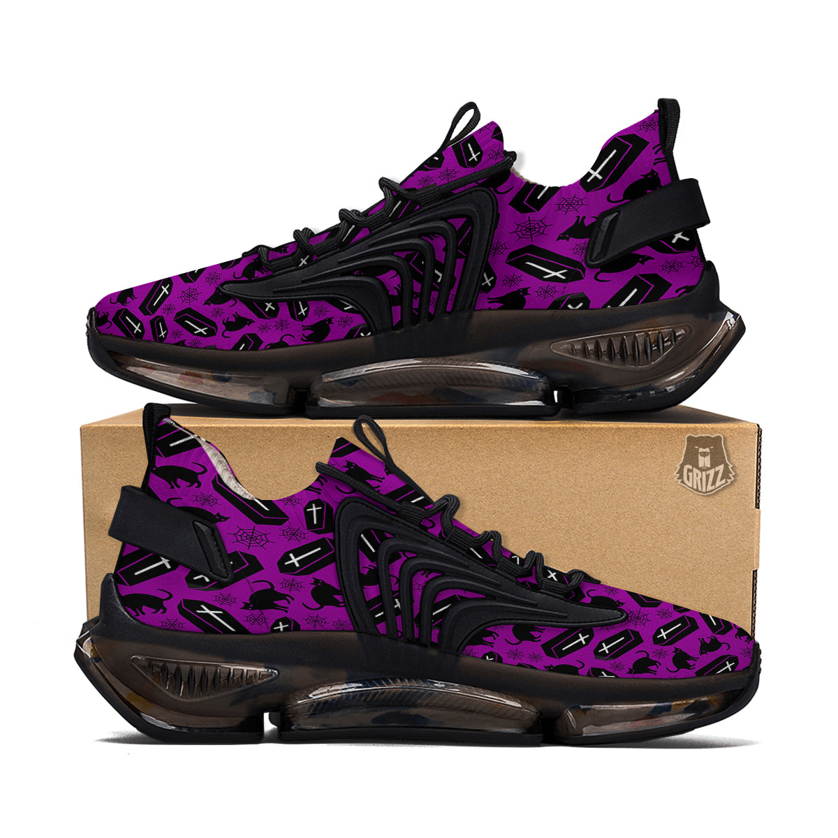 Coffin And Cat Purple Print Pattern Black Gym Shoes-grizzshop