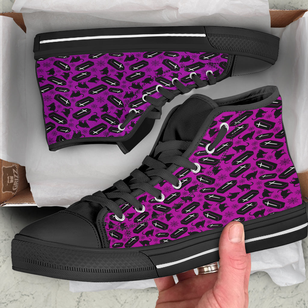 Coffin And Cat Purple Print Pattern Black High Top Shoes-grizzshop