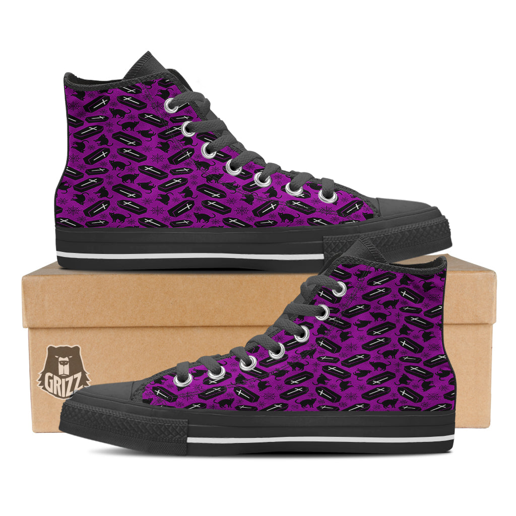 Coffin And Cat Purple Print Pattern Black High Top Shoes-grizzshop