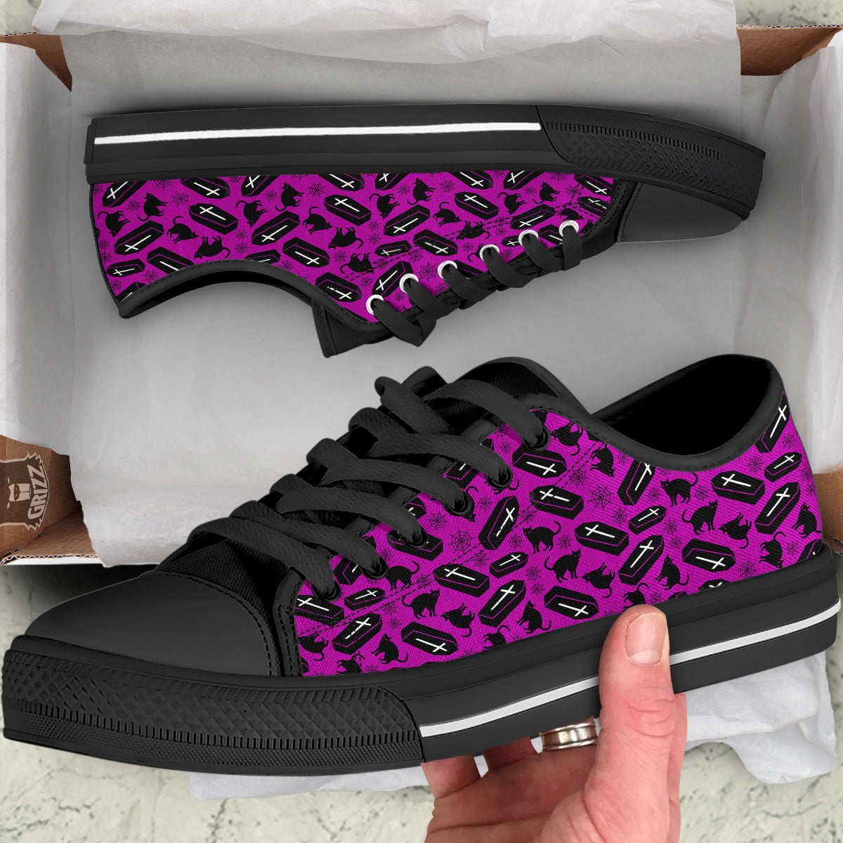 Coffin And Cat Purple Print Pattern Black Low Top Shoes-grizzshop