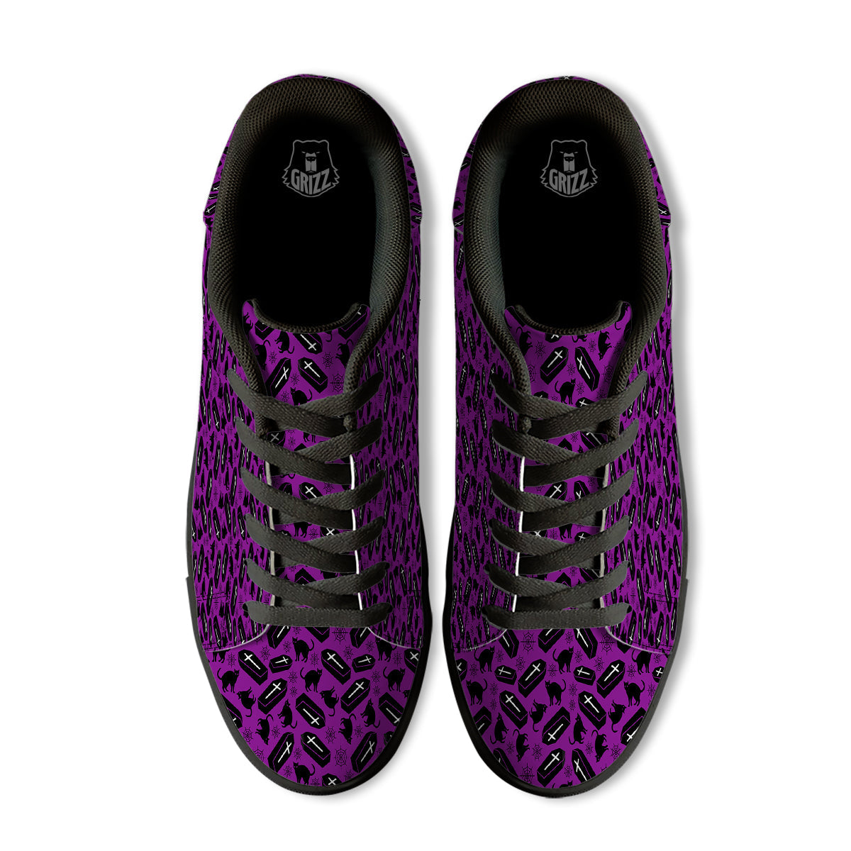 Coffin And Cat Purple Print Pattern Black Low Top Sneakers-grizzshop