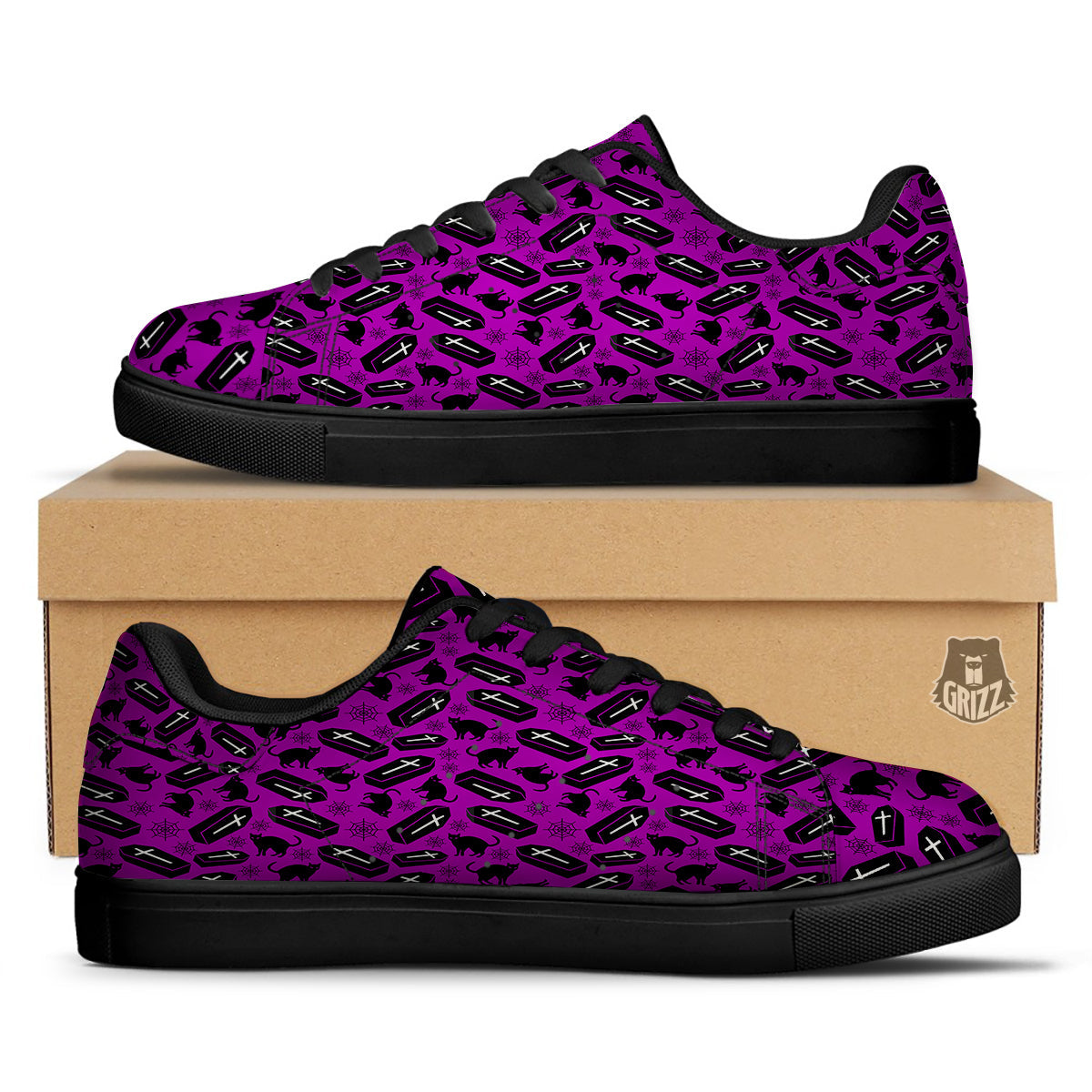 Coffin And Cat Purple Print Pattern Black Low Top Sneakers-grizzshop