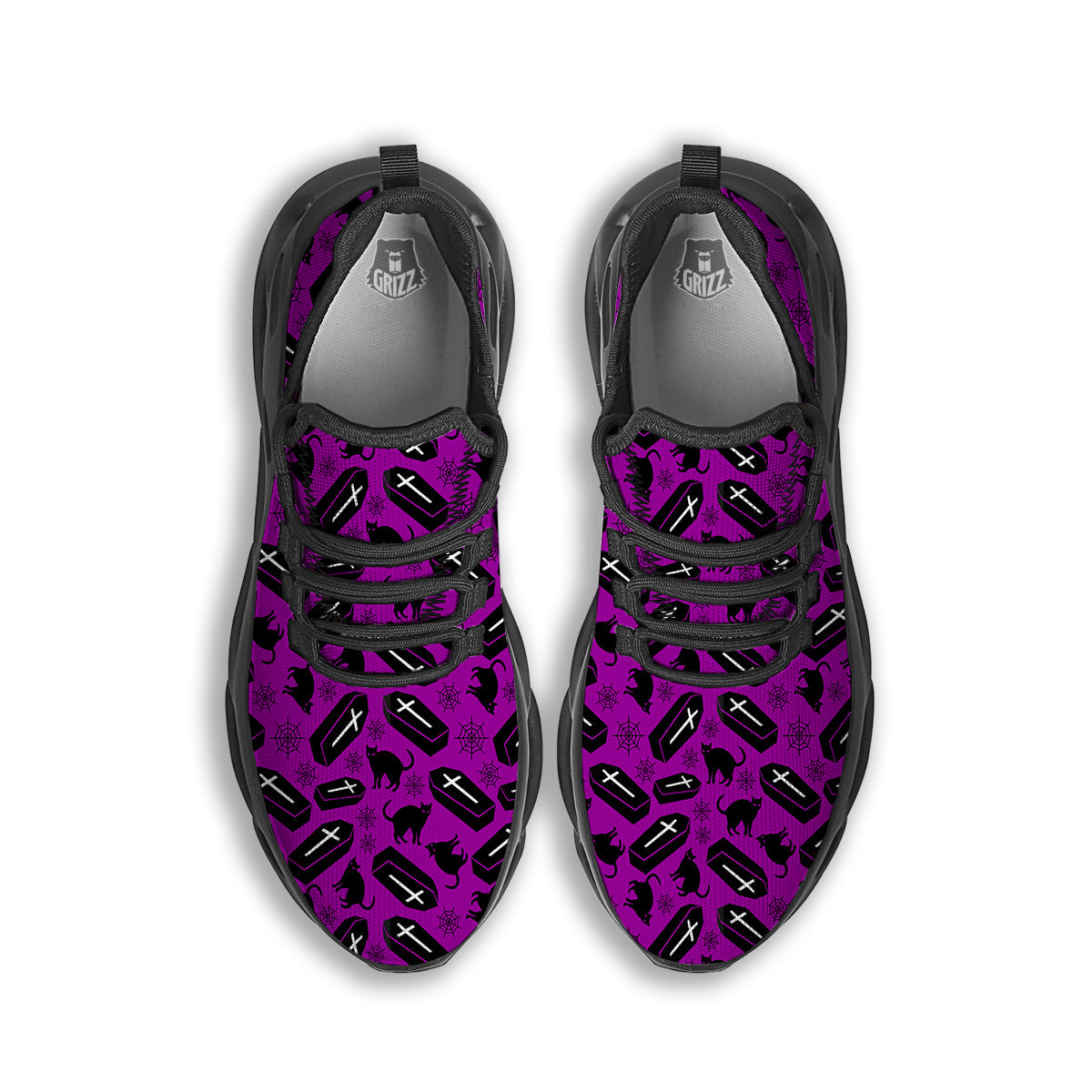 Coffin And Cat Purple Print Pattern Black Running Shoes-grizzshop