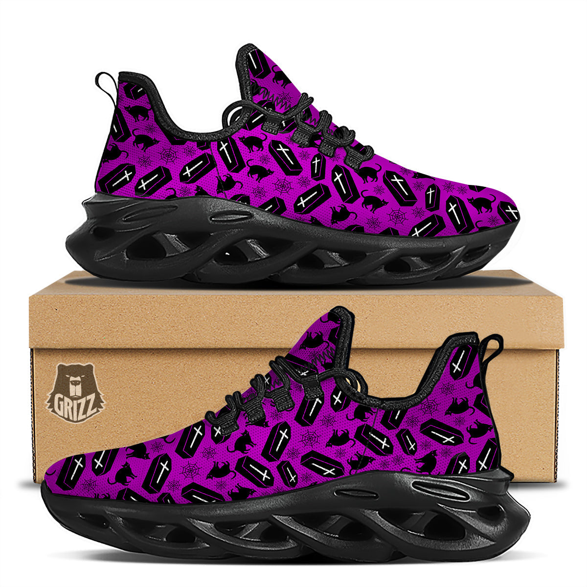 Coffin And Cat Purple Print Pattern Black Running Shoes-grizzshop