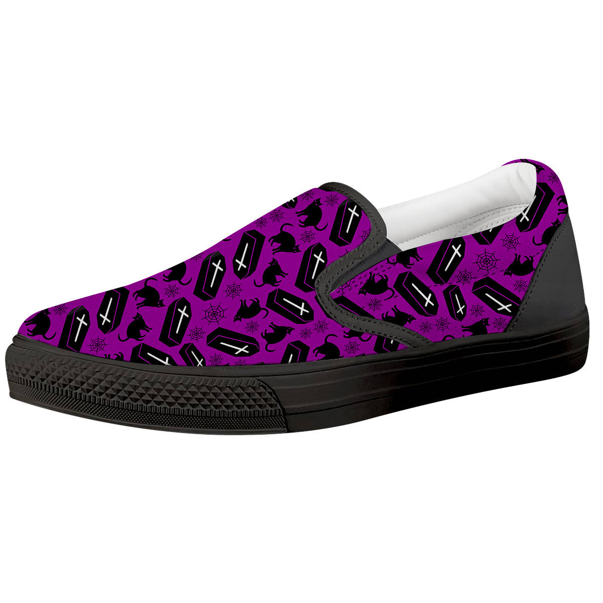 Coffin And Cat Purple Print Pattern Black Slip On Shoes-grizzshop