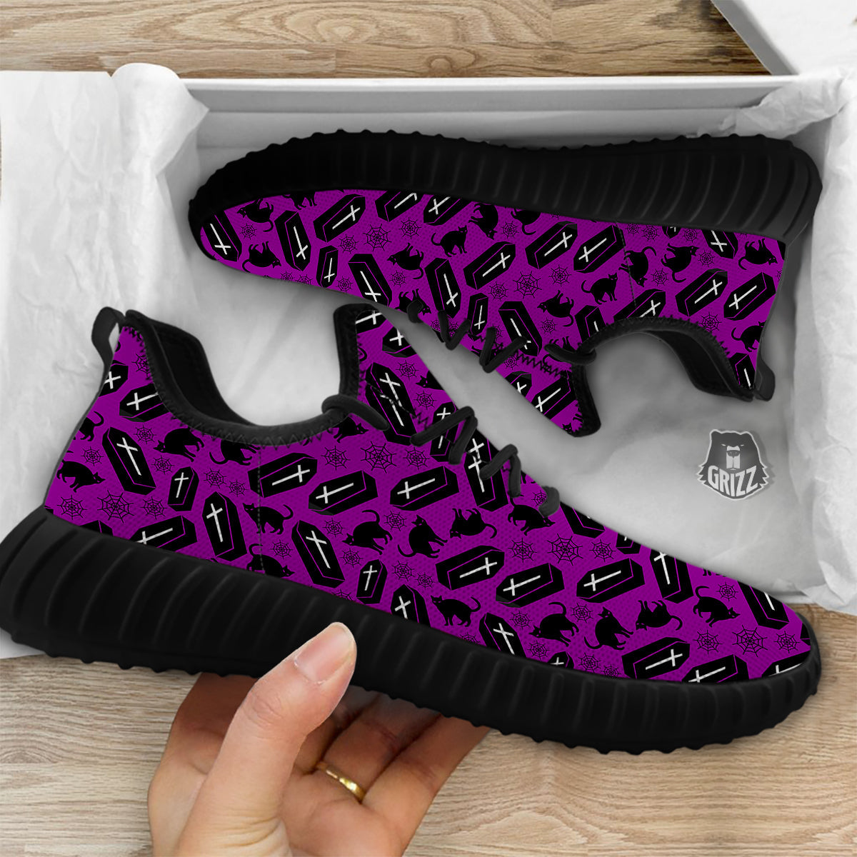 Coffin And Cat Purple Print Pattern Black Walking Shoes-grizzshop