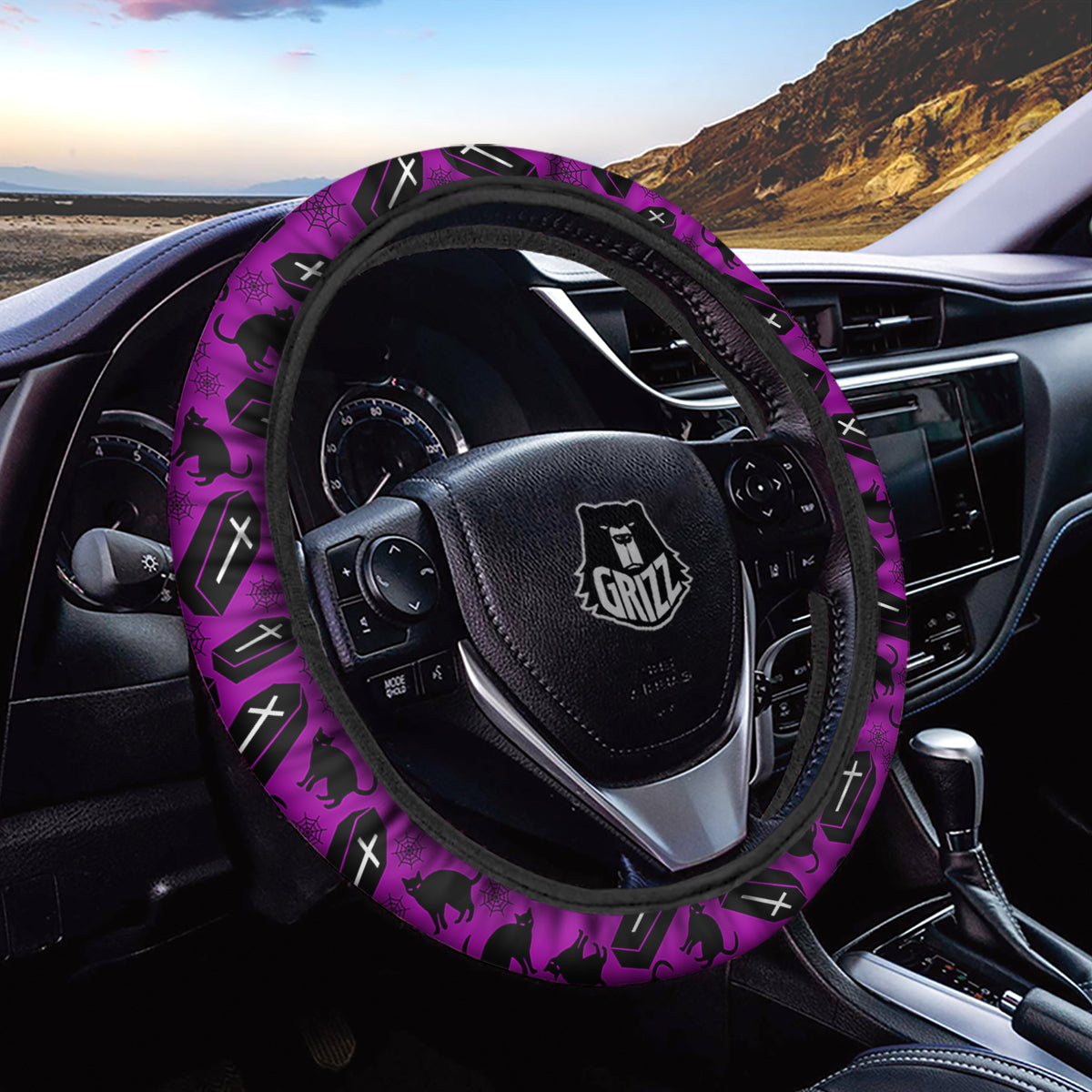 Coffin And Cat Purple Print Pattern Car Steering Wheel Cover-grizzshop