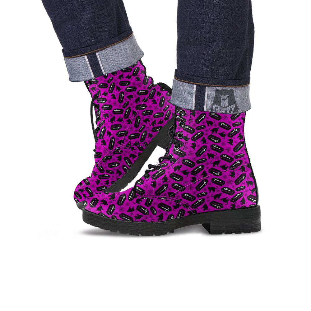 Coffin And Cat Purple Print Pattern Leather Boots-grizzshop