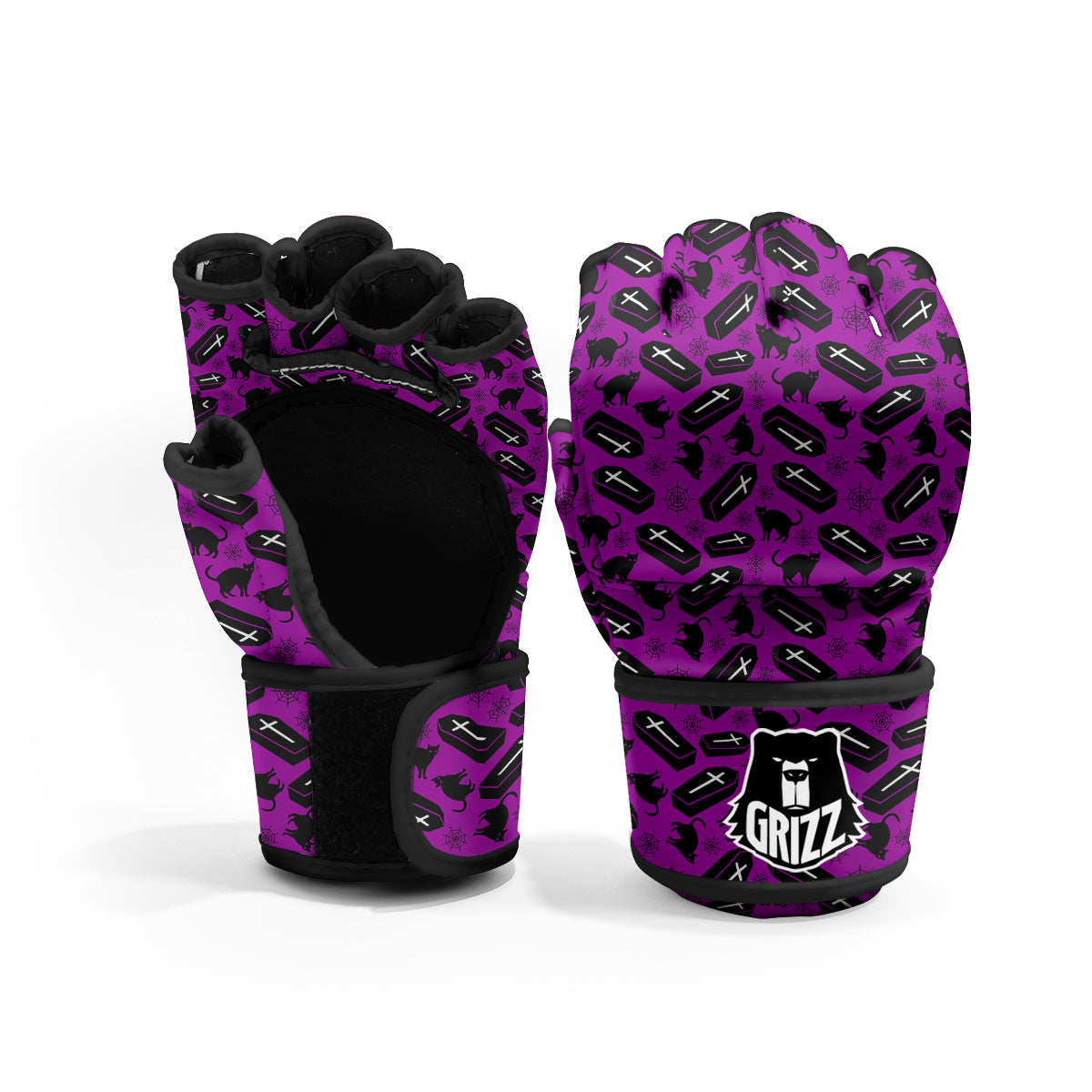 Coffin And Cat Purple Print Pattern MMA Gloves-grizzshop