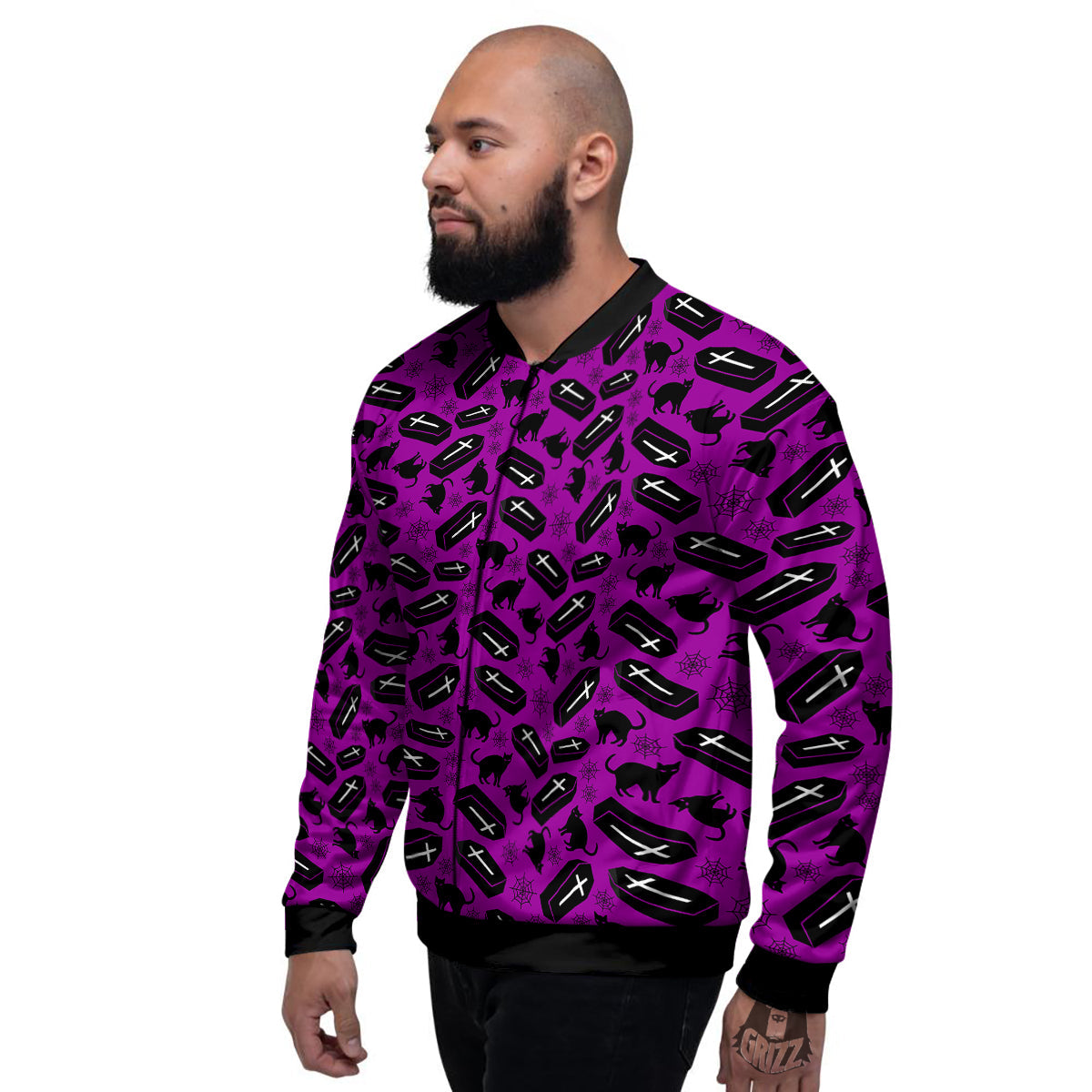 Coffin And Cat Purple Print Pattern Men's Bomber Jacket-grizzshop