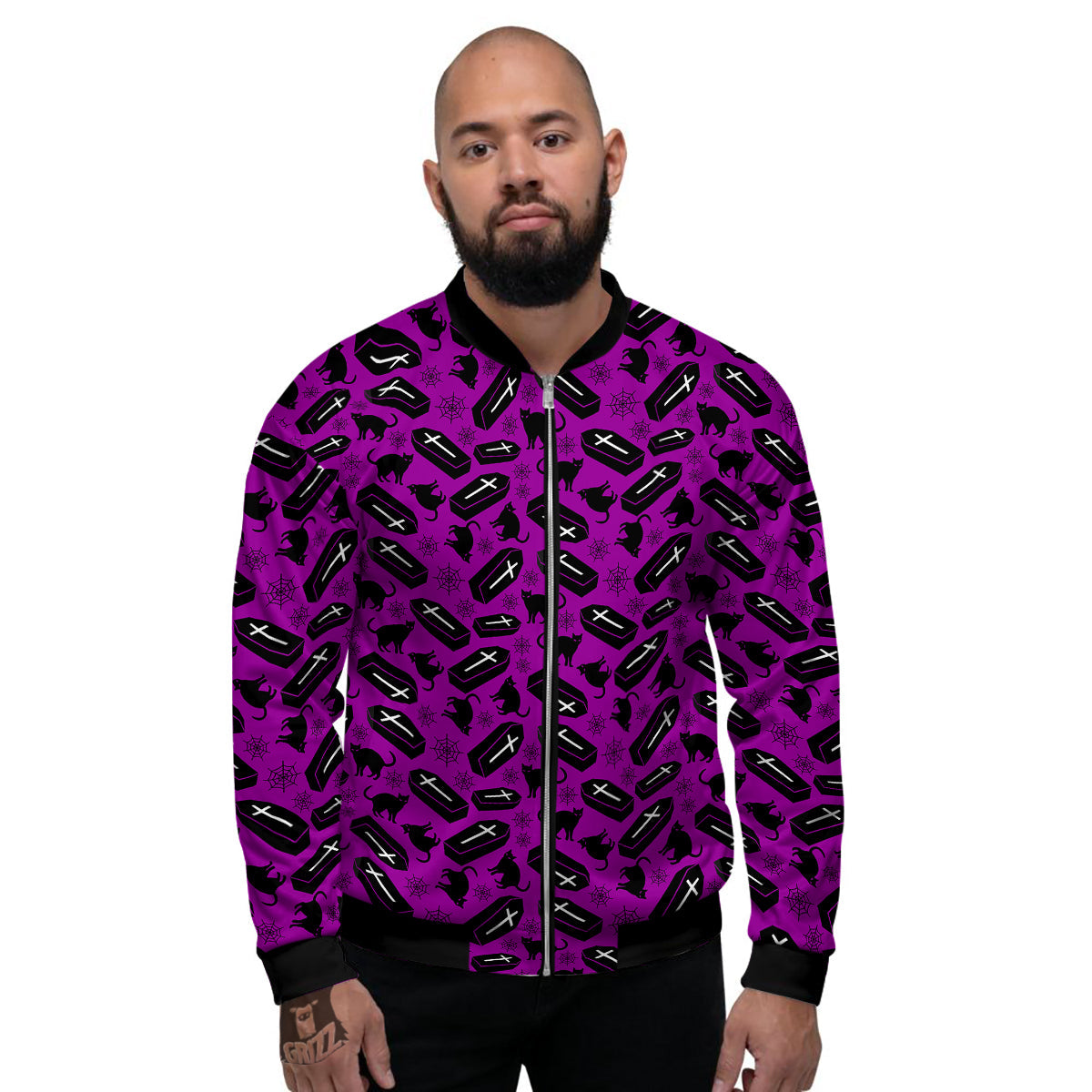 Coffin And Cat Purple Print Pattern Men's Bomber Jacket-grizzshop