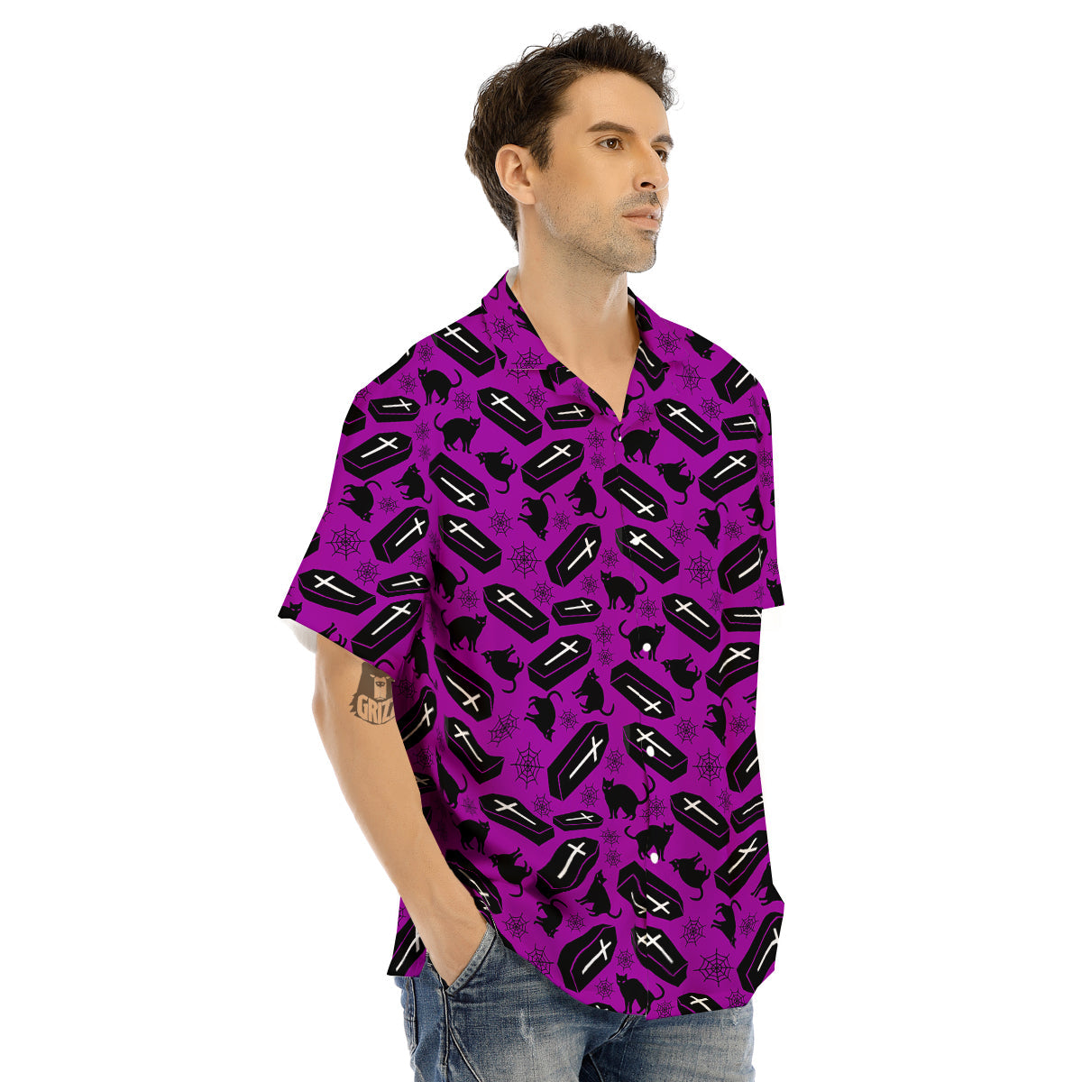 Coffin And Cat Purple Print Pattern Men's Hawaiian Shirt-grizzshop