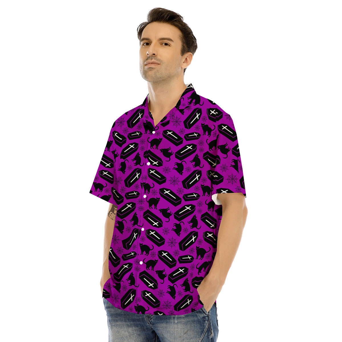Coffin And Cat Purple Print Pattern Men's Hawaiian Shirt-grizzshop