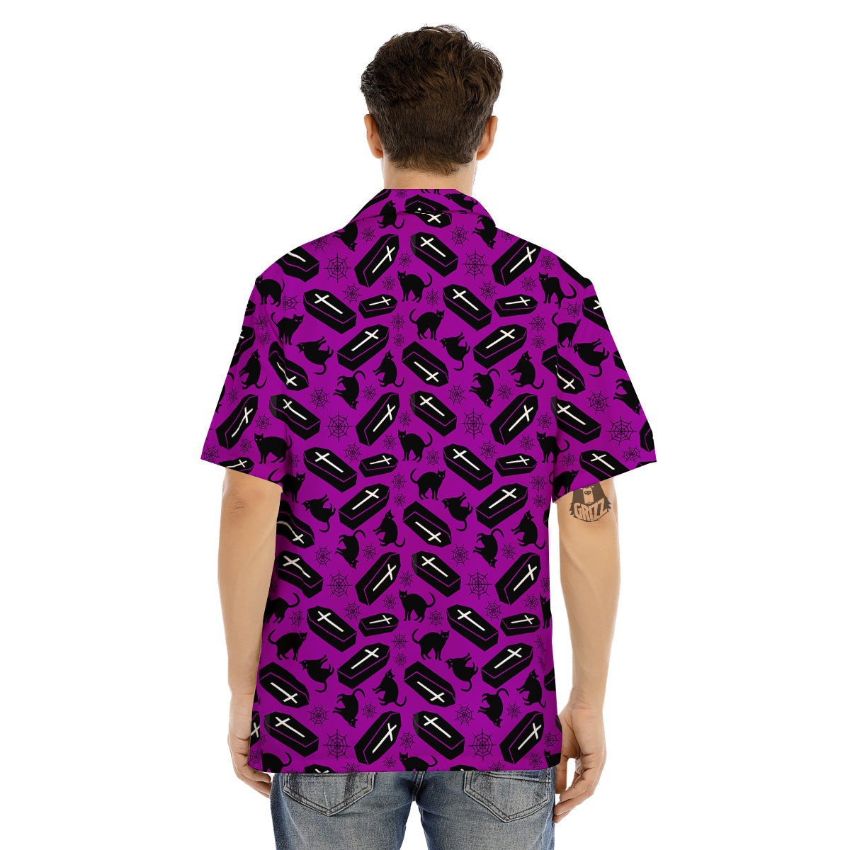 Coffin And Cat Purple Print Pattern Men's Hawaiian Shirt-grizzshop