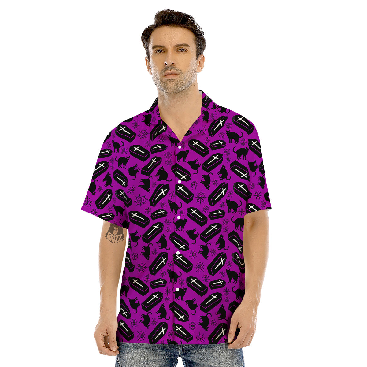 Coffin And Cat Purple Print Pattern Men's Hawaiian Shirt-grizzshop