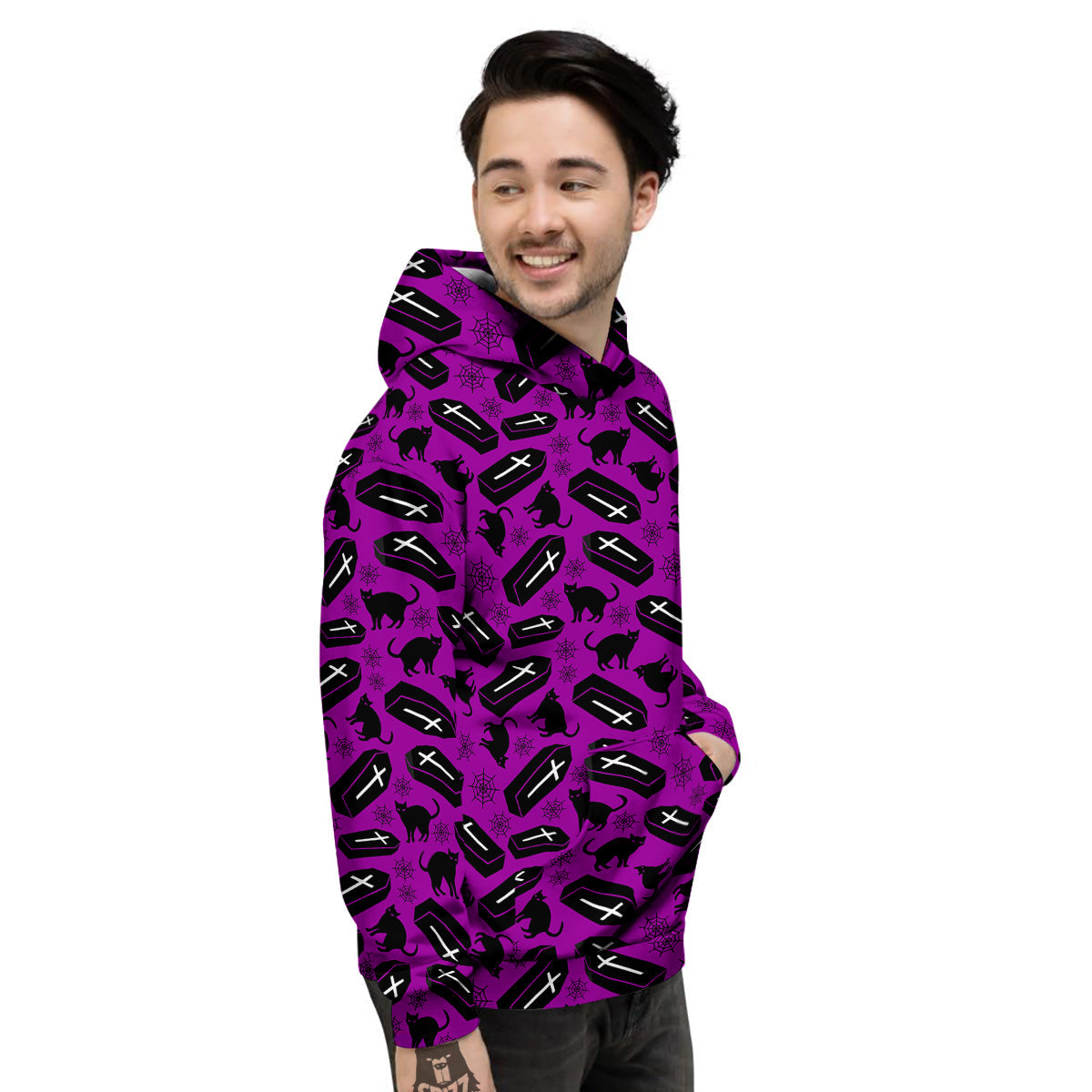 Coffin And Cat Purple Print Pattern Men's Hoodie-grizzshop