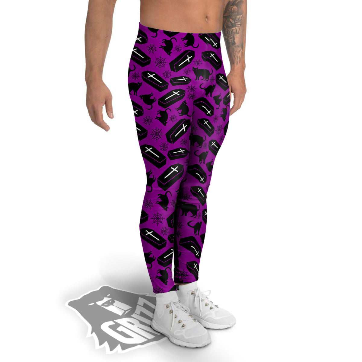 Coffin And Cat Purple Print Pattern Men's Leggings-grizzshop