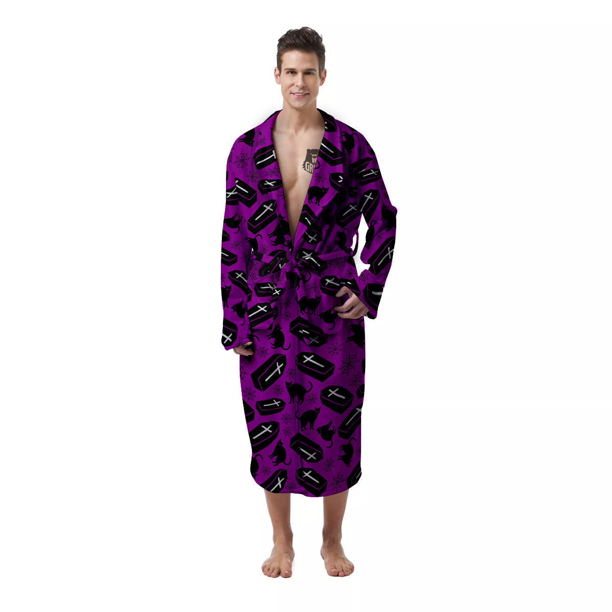 Coffin And Cat Purple Print Pattern Men's Robe-grizzshop