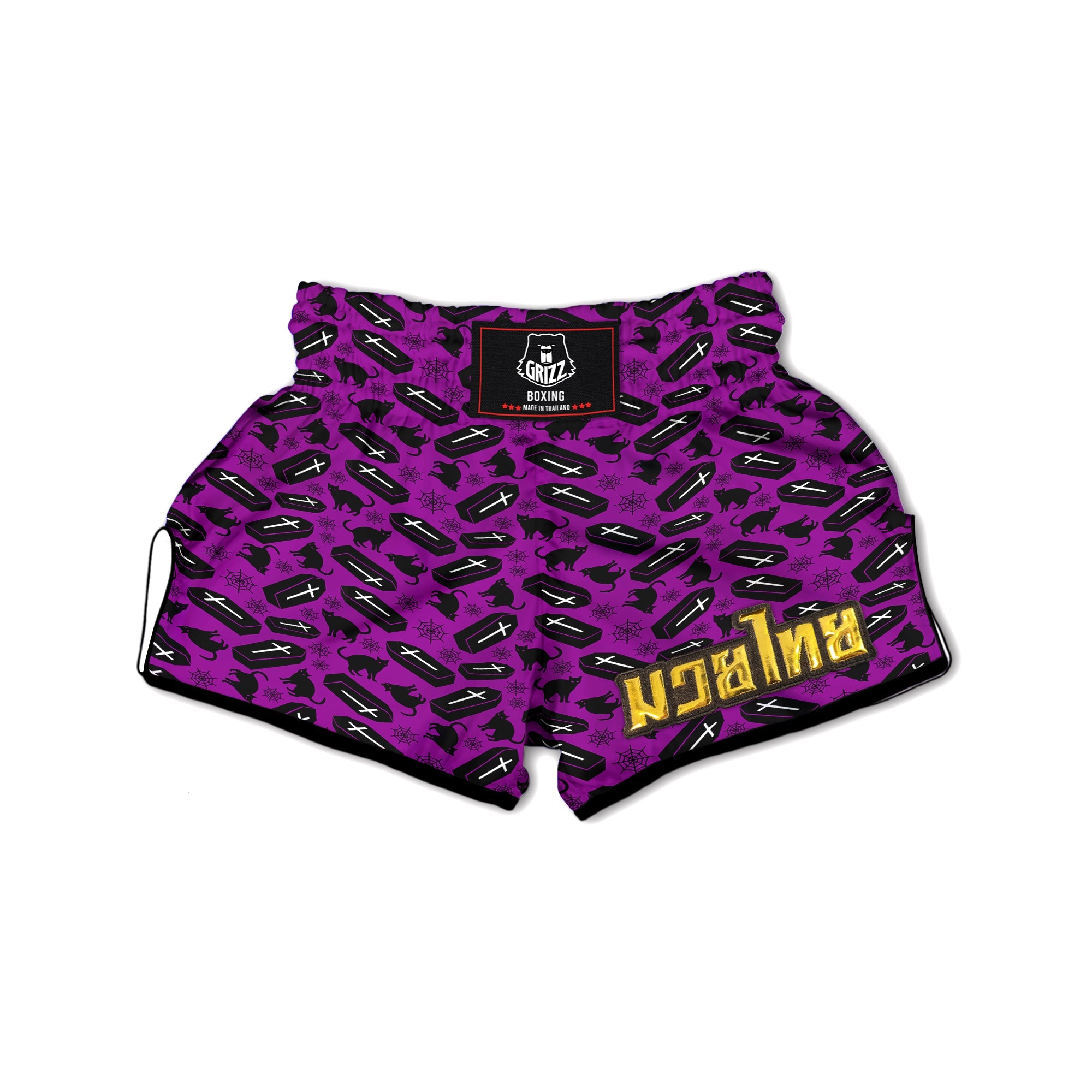 Coffin And Cat Purple Print Pattern Muay Thai Boxing Shorts-grizzshop