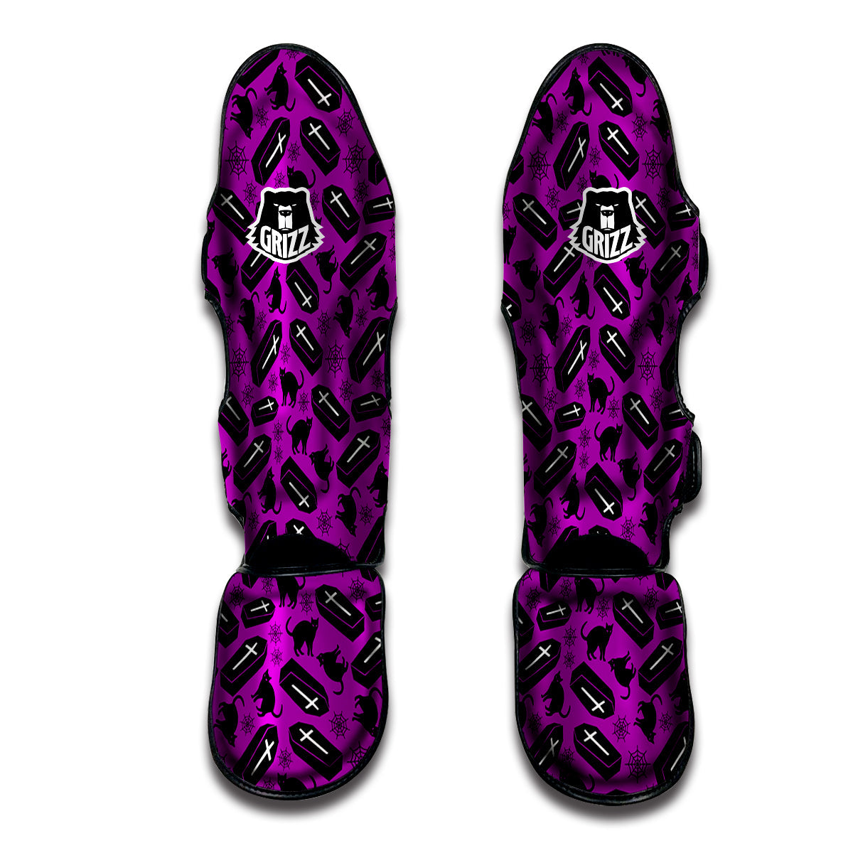 Coffin And Cat Purple Print Pattern Muay Thai Shin Guards-grizzshop