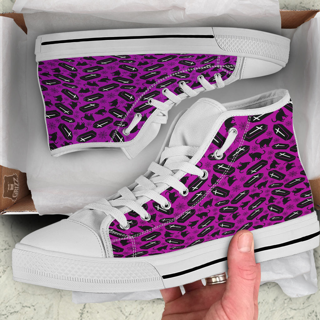 Coffin And Cat Purple Print Pattern White High Top Shoes-grizzshop