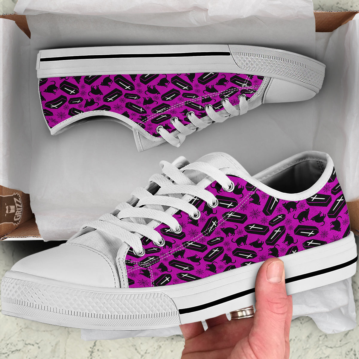 Coffin And Cat Purple Print Pattern White Low Top Shoes-grizzshop
