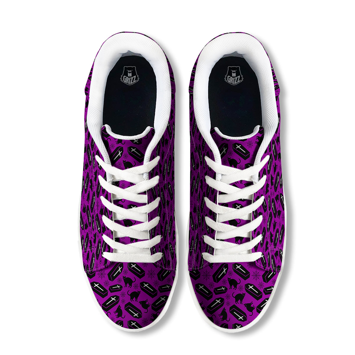 Coffin And Cat Purple Print Pattern White Low Top Sneakers-grizzshop