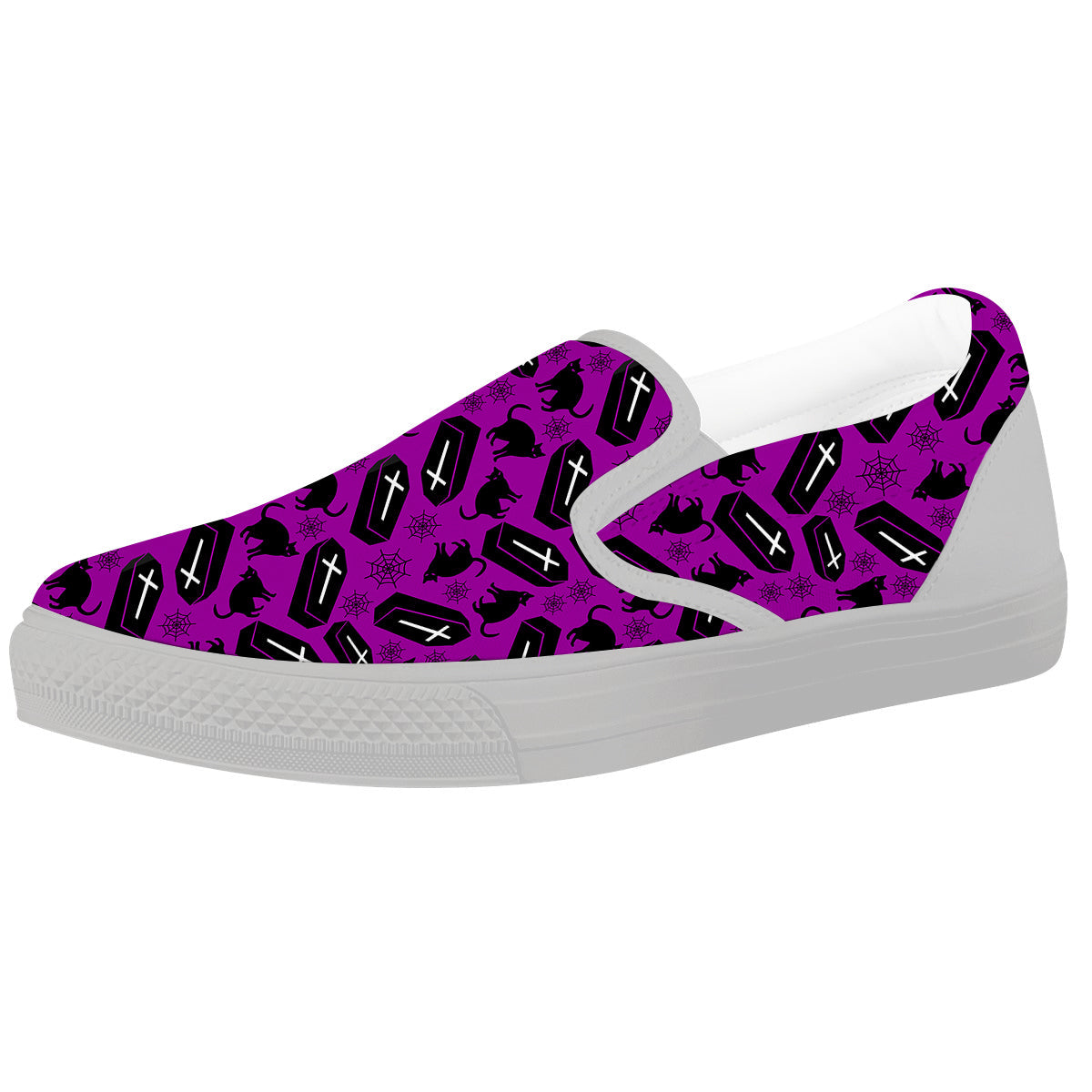 Coffin And Cat Purple Print Pattern White Slip On Shoes-grizzshop