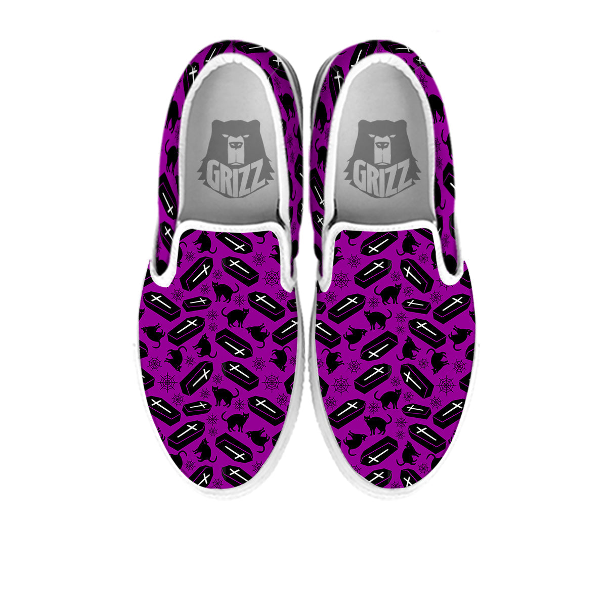 Coffin And Cat Purple Print Pattern White Slip On Shoes-grizzshop