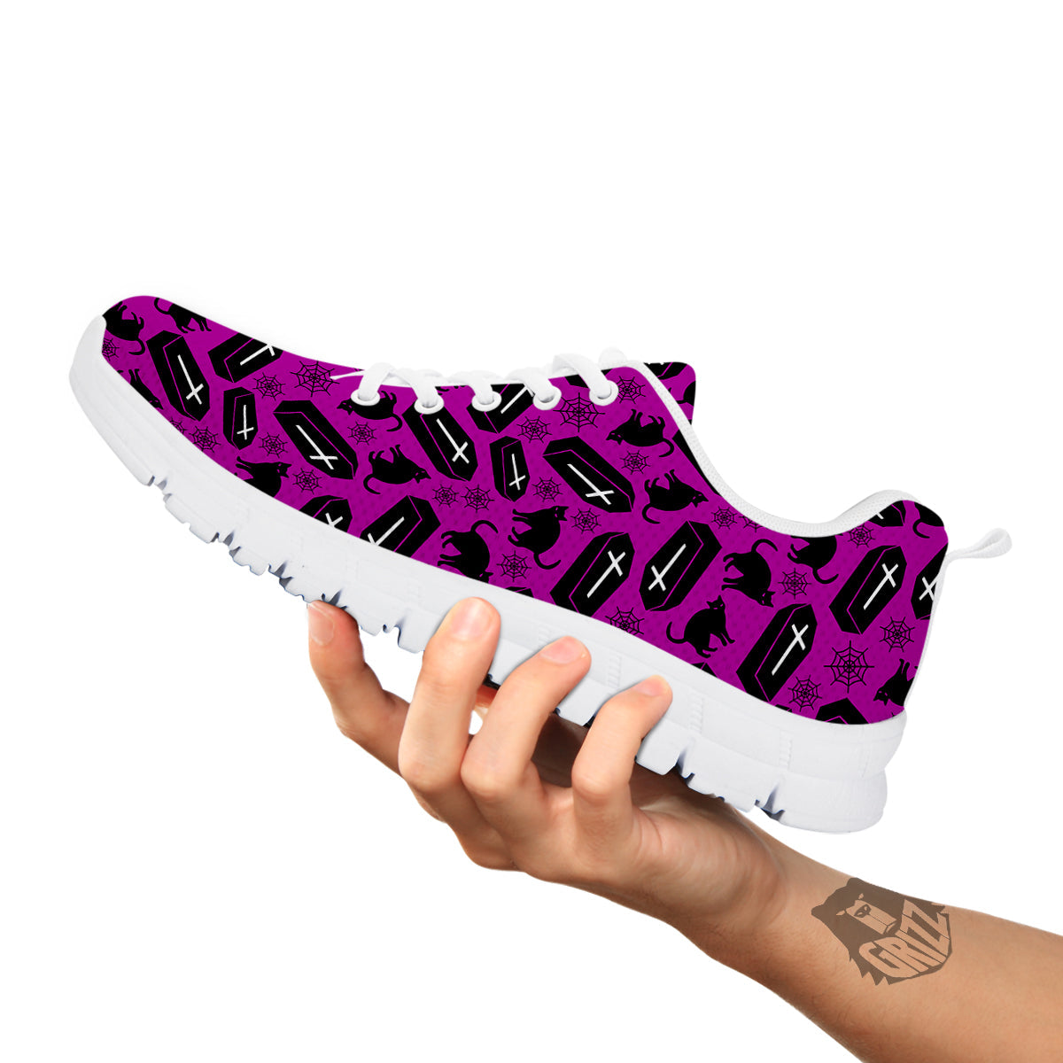 Coffin And Cat Purple Print Pattern White Sneaker-grizzshop