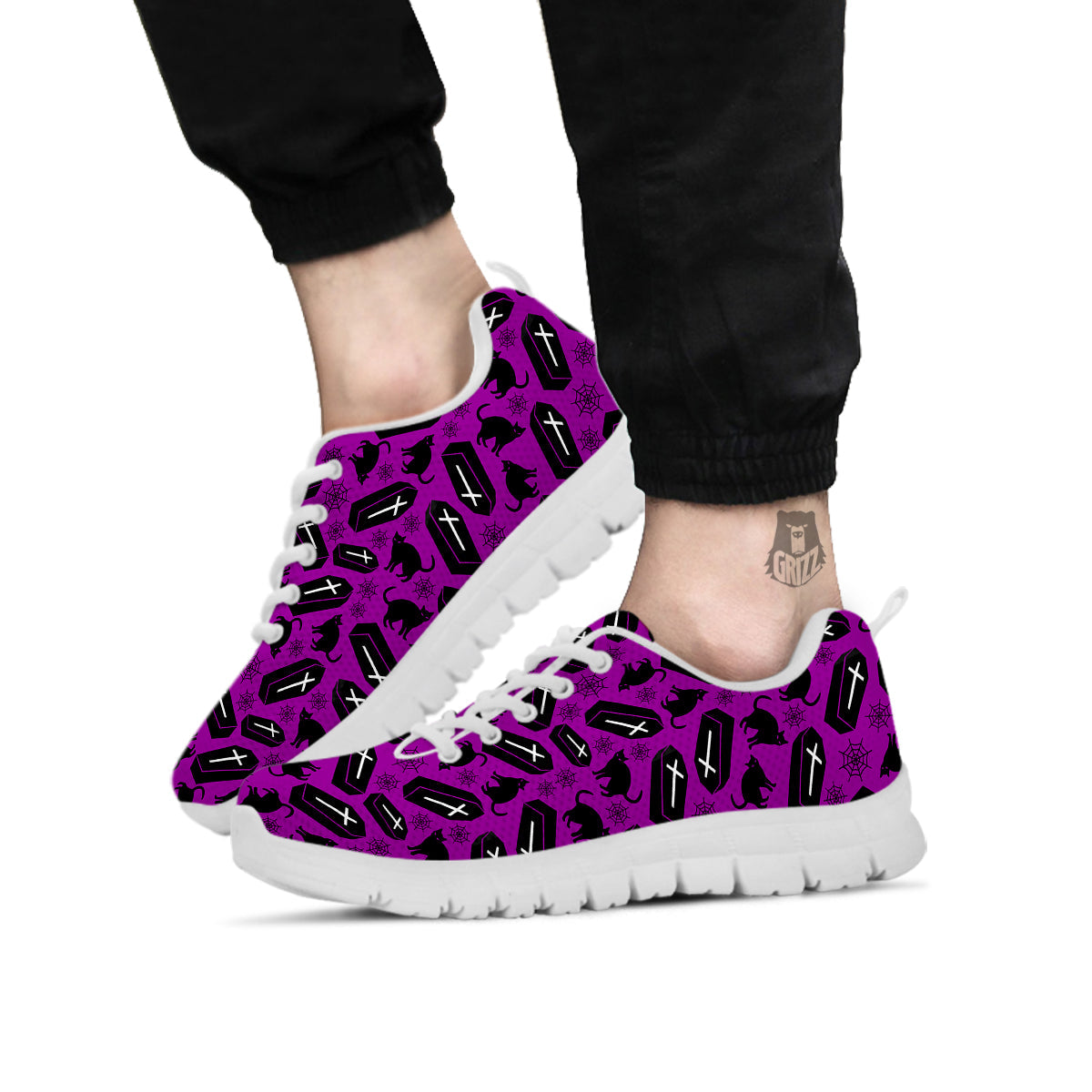 Coffin And Cat Purple Print Pattern White Sneaker-grizzshop