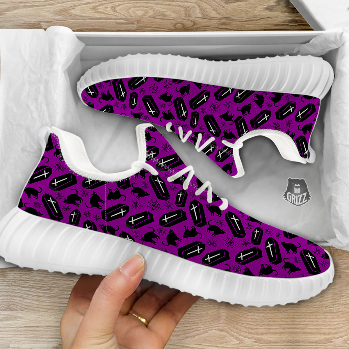 Coffin And Cat Purple Print Pattern White Walking Shoes-grizzshop