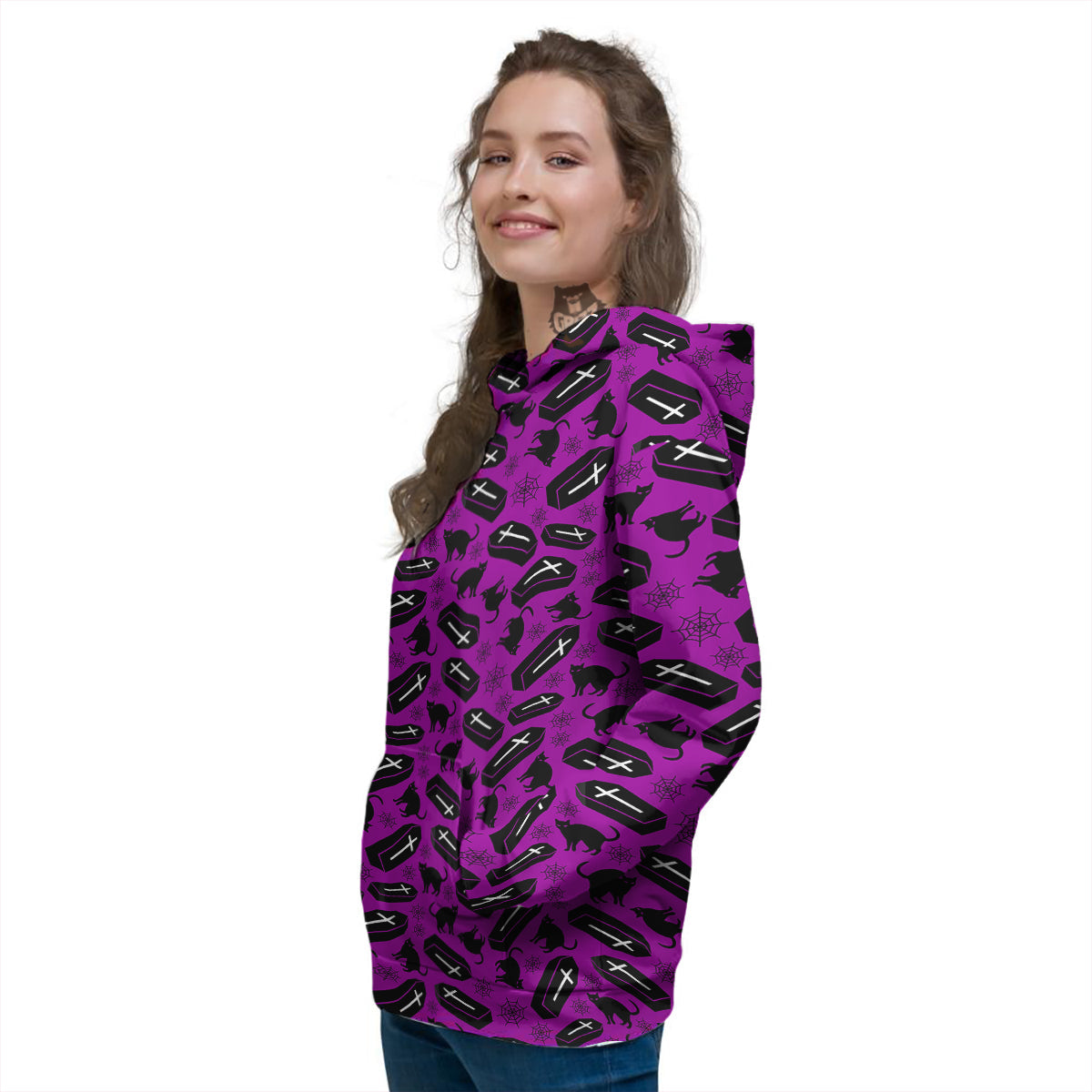 Coffin And Cat Purple Print Pattern Women's Hoodie-grizzshop