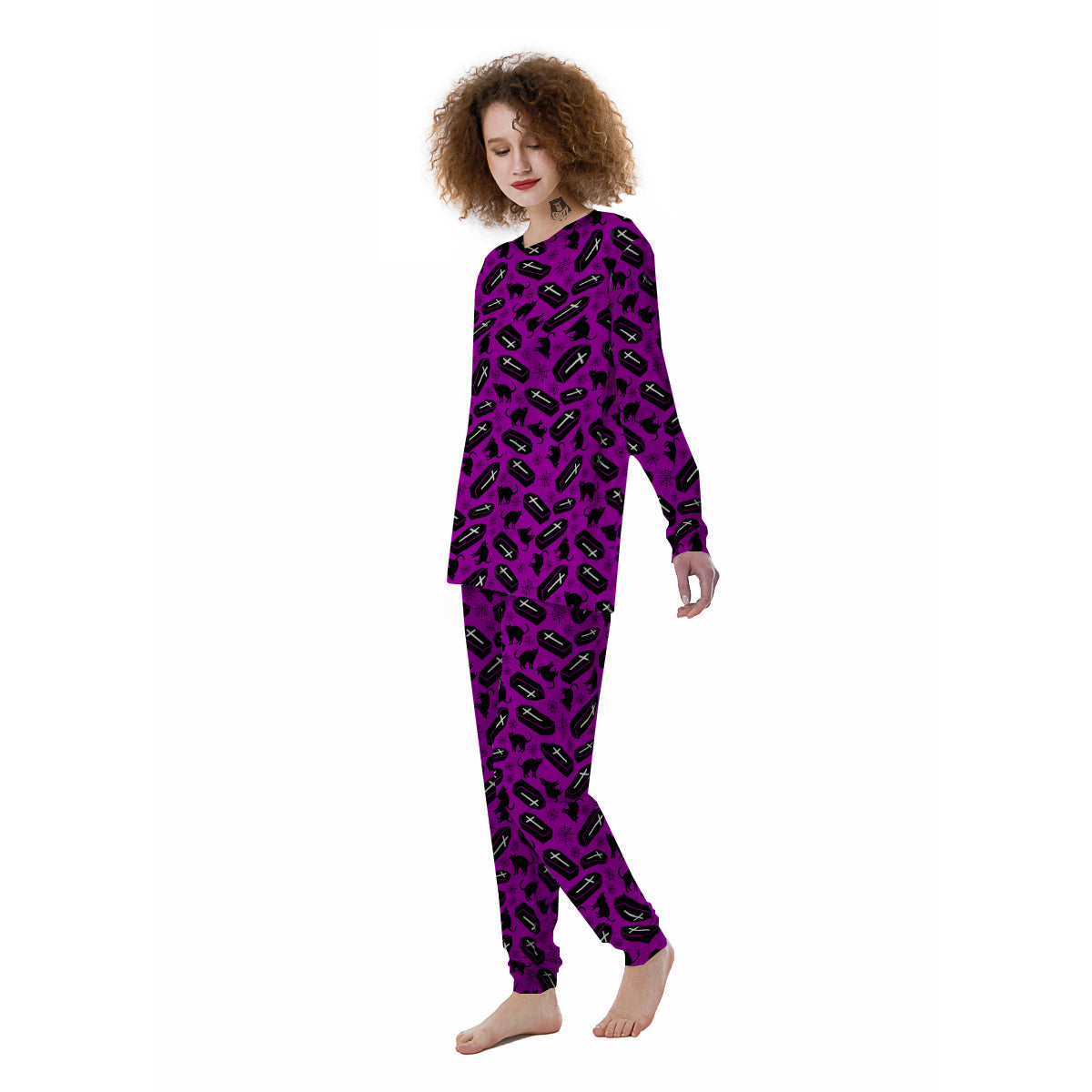 Coffin And Cat Purple Print Pattern Women's Pajamas-grizzshop
