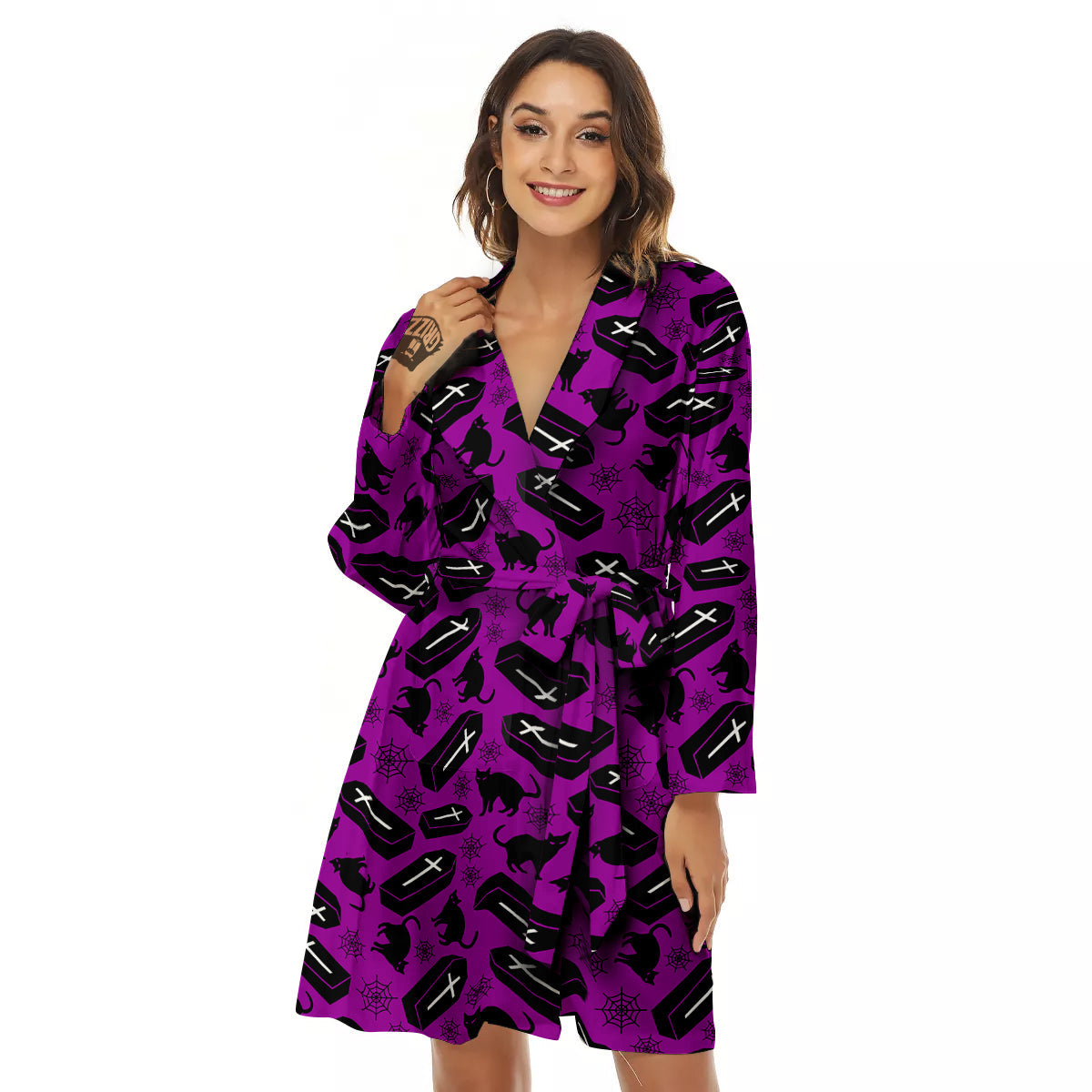 Coffin And Cat Purple Print Pattern Women's Robe-grizzshop