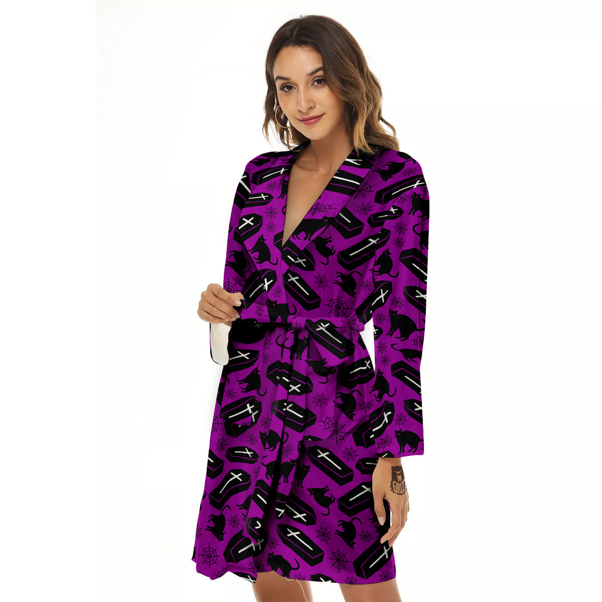 Coffin And Cat Purple Print Pattern Women's Robe-grizzshop