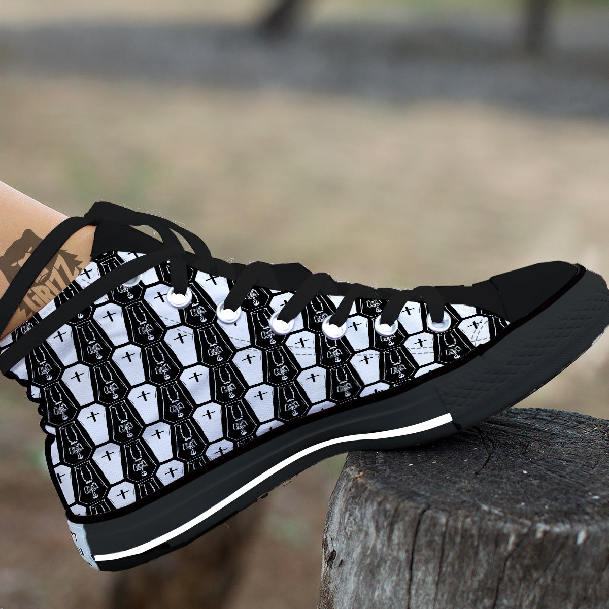 Coffin And Skeleton Print Pattern Black High Top Shoes-grizzshop