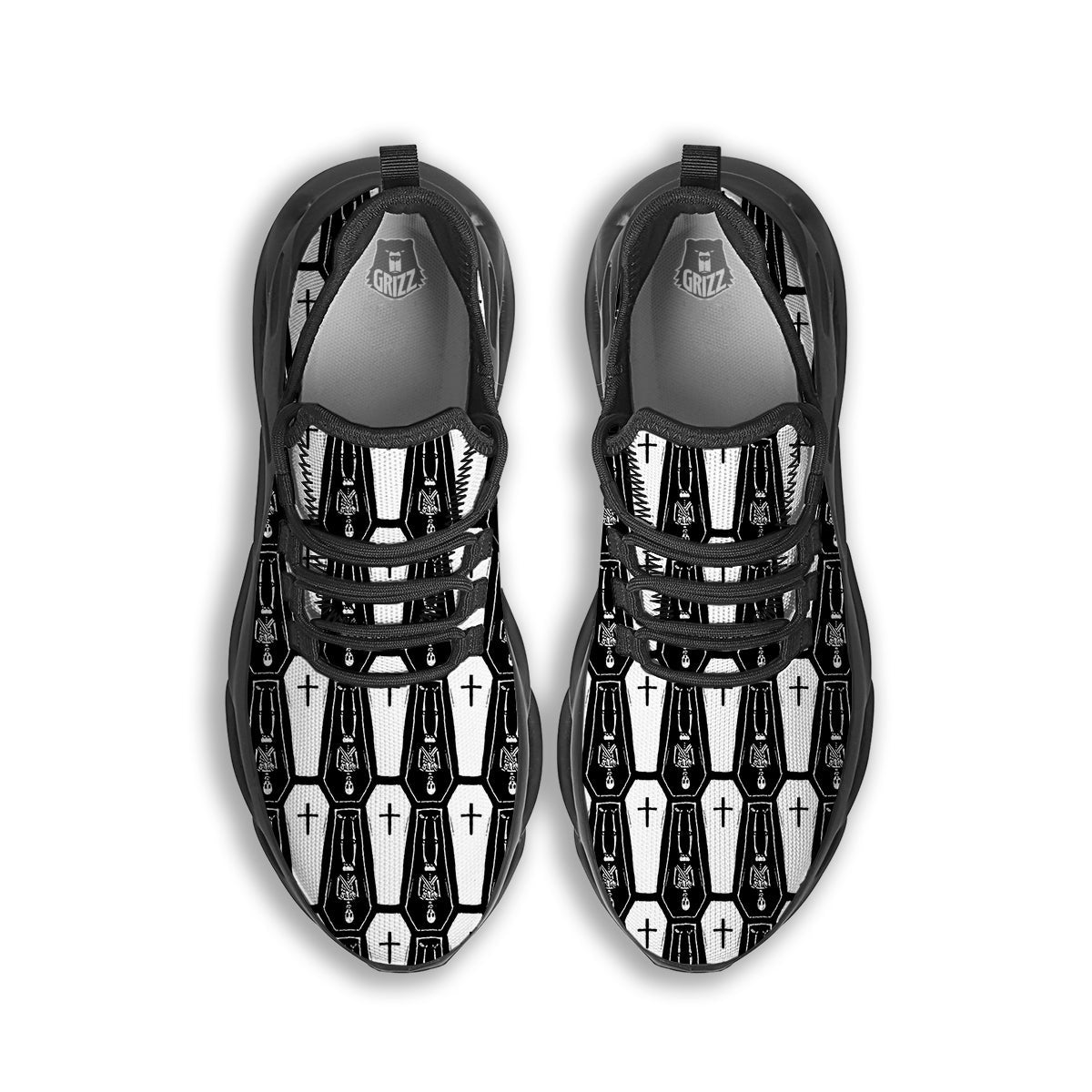 Coffin And Skeleton Print Pattern Black Running Shoes-grizzshop