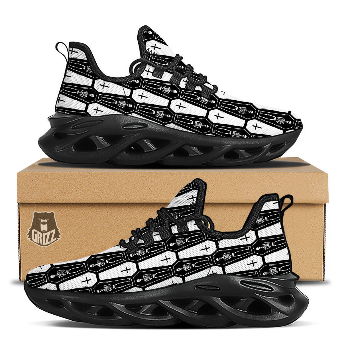 Coffin And Skeleton Print Pattern Black Running Shoes-grizzshop