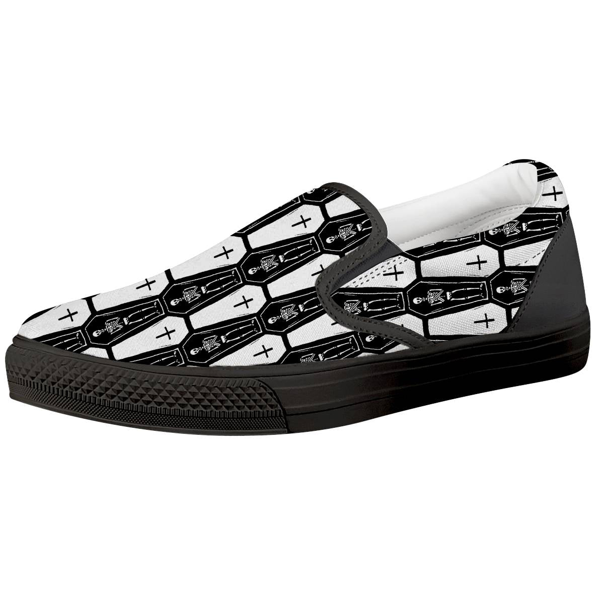 Coffin And Skeleton Print Pattern Black Slip On Shoes-grizzshop