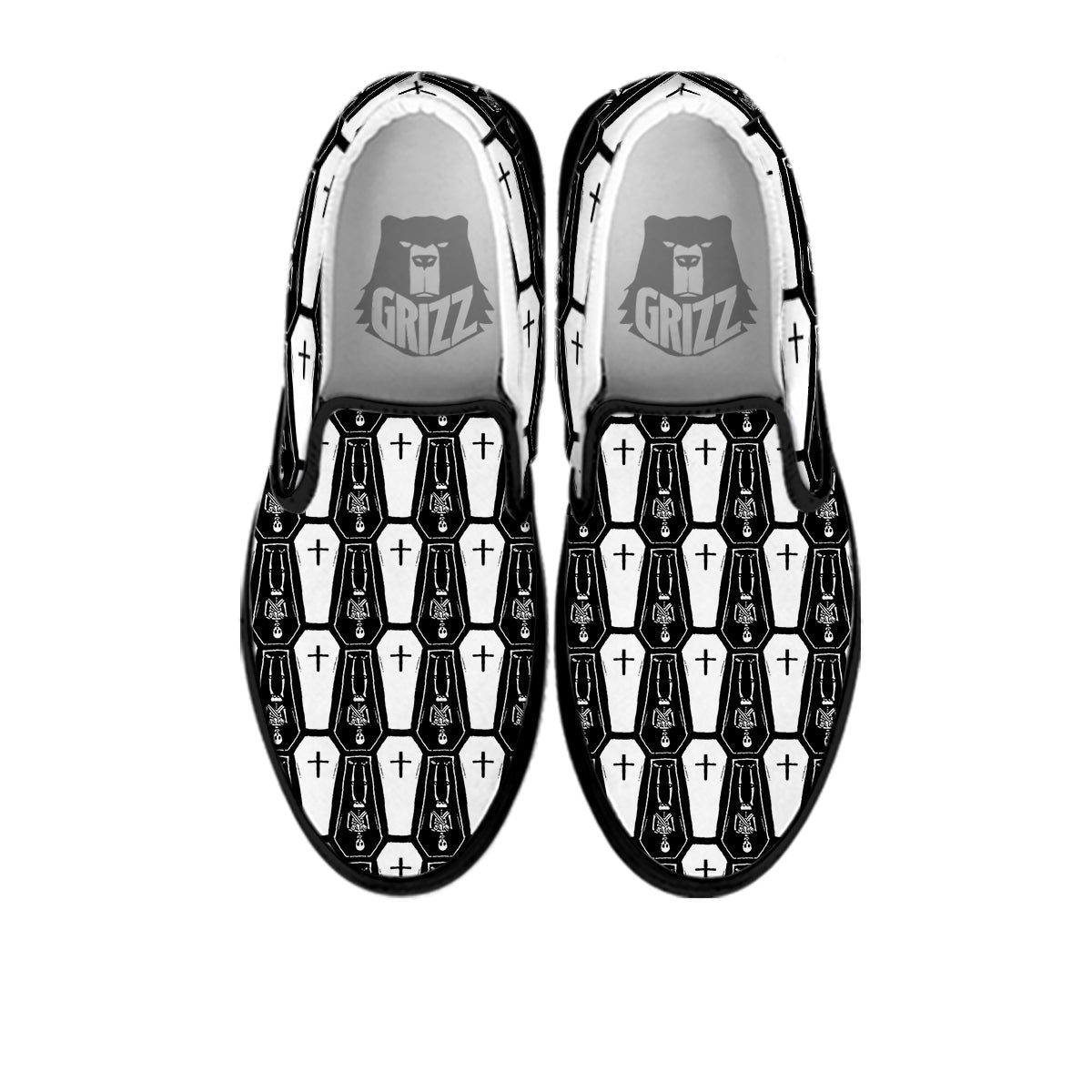 Coffin And Skeleton Print Pattern Black Slip On Shoes-grizzshop