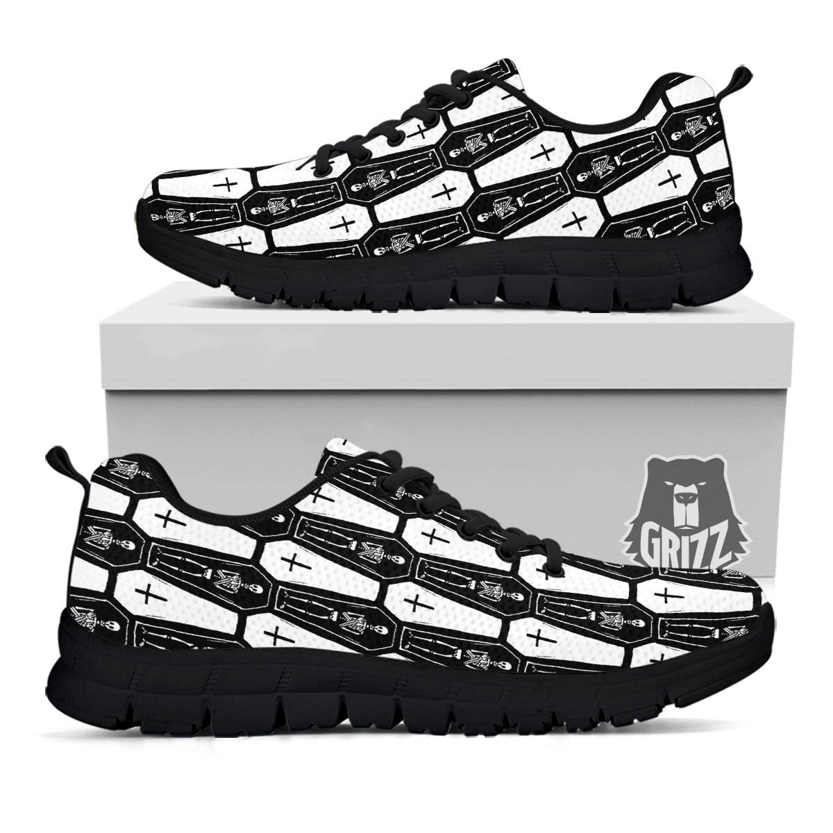 Coffin And Skeleton Print Pattern Black Sneaker-grizzshop