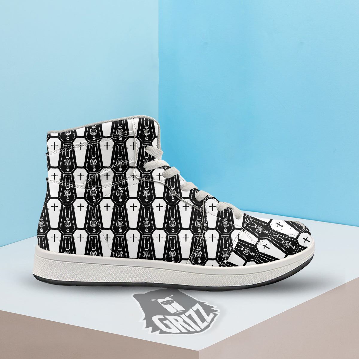 Coffin And Skeleton Print Pattern High Top Sneakers-grizzshop