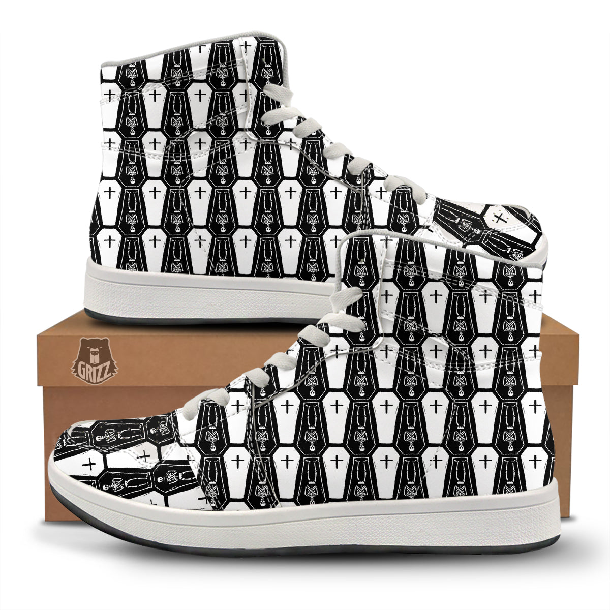 Coffin And Skeleton Print Pattern High Top Sneakers-grizzshop