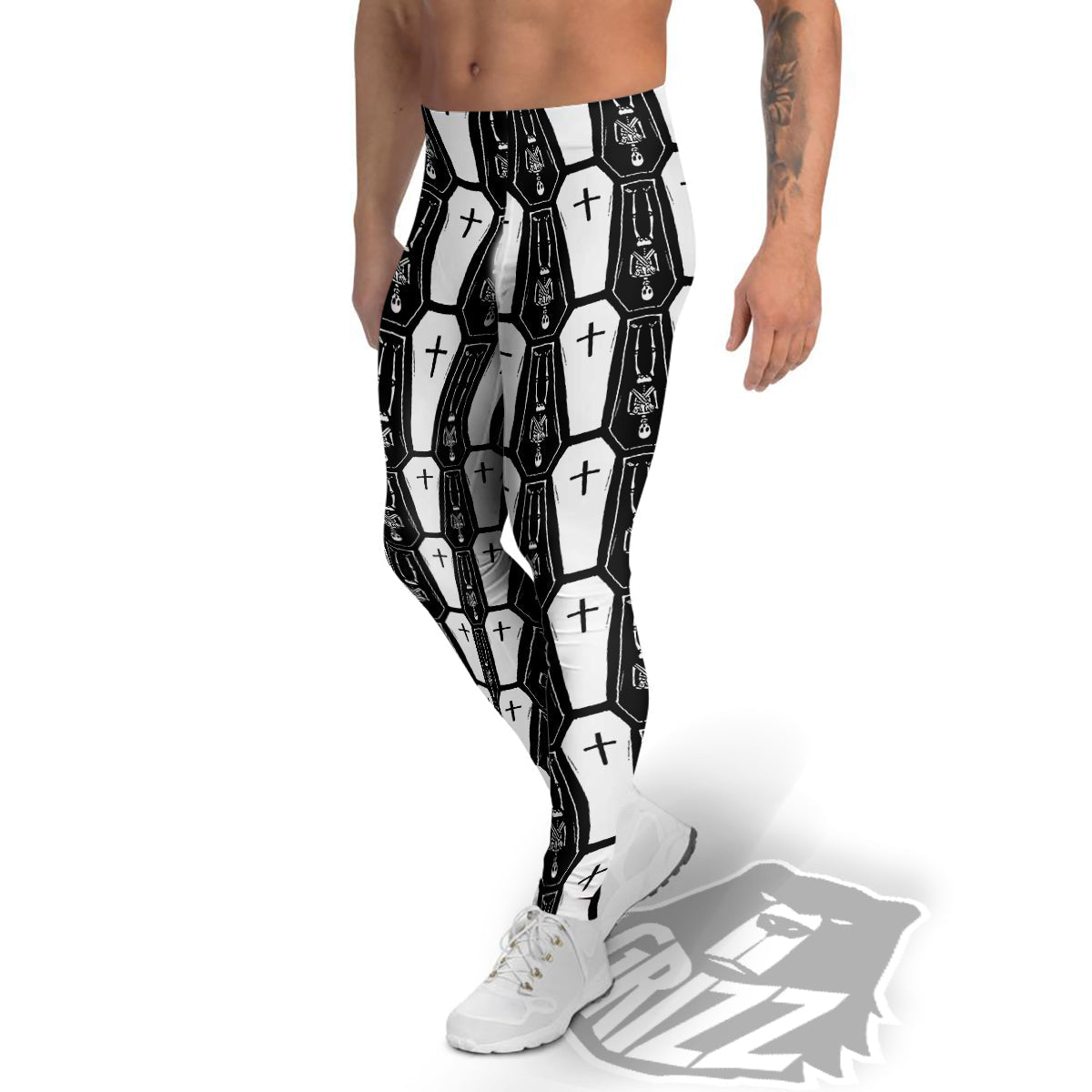 Coffin And Skeleton Print Pattern Men's Leggings-grizzshop