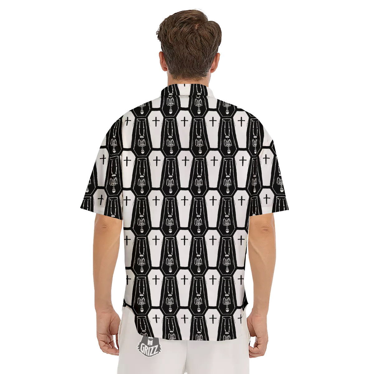 Coffin And Skeleton Print Pattern Men's Short Sleeve Shirts-grizzshop