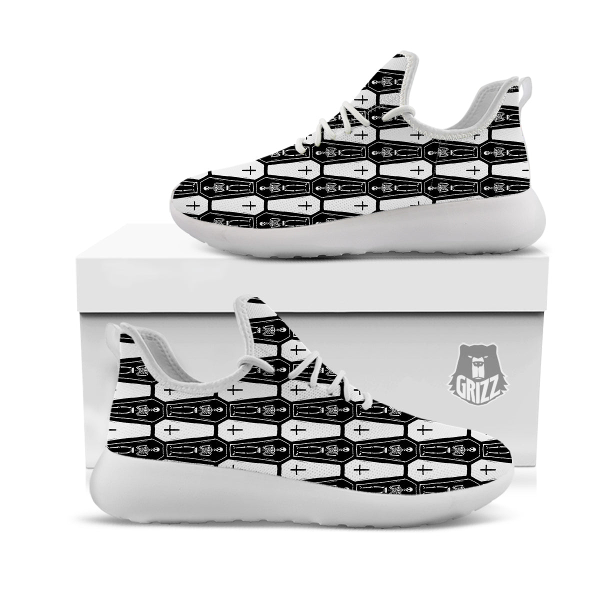 Coffin And Skeleton Print Pattern White Athletic Shoes-grizzshop