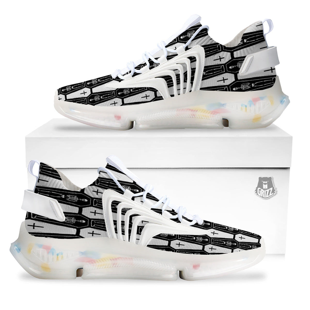 Coffin And Skeleton Print Pattern White Gym Shoes-grizzshop